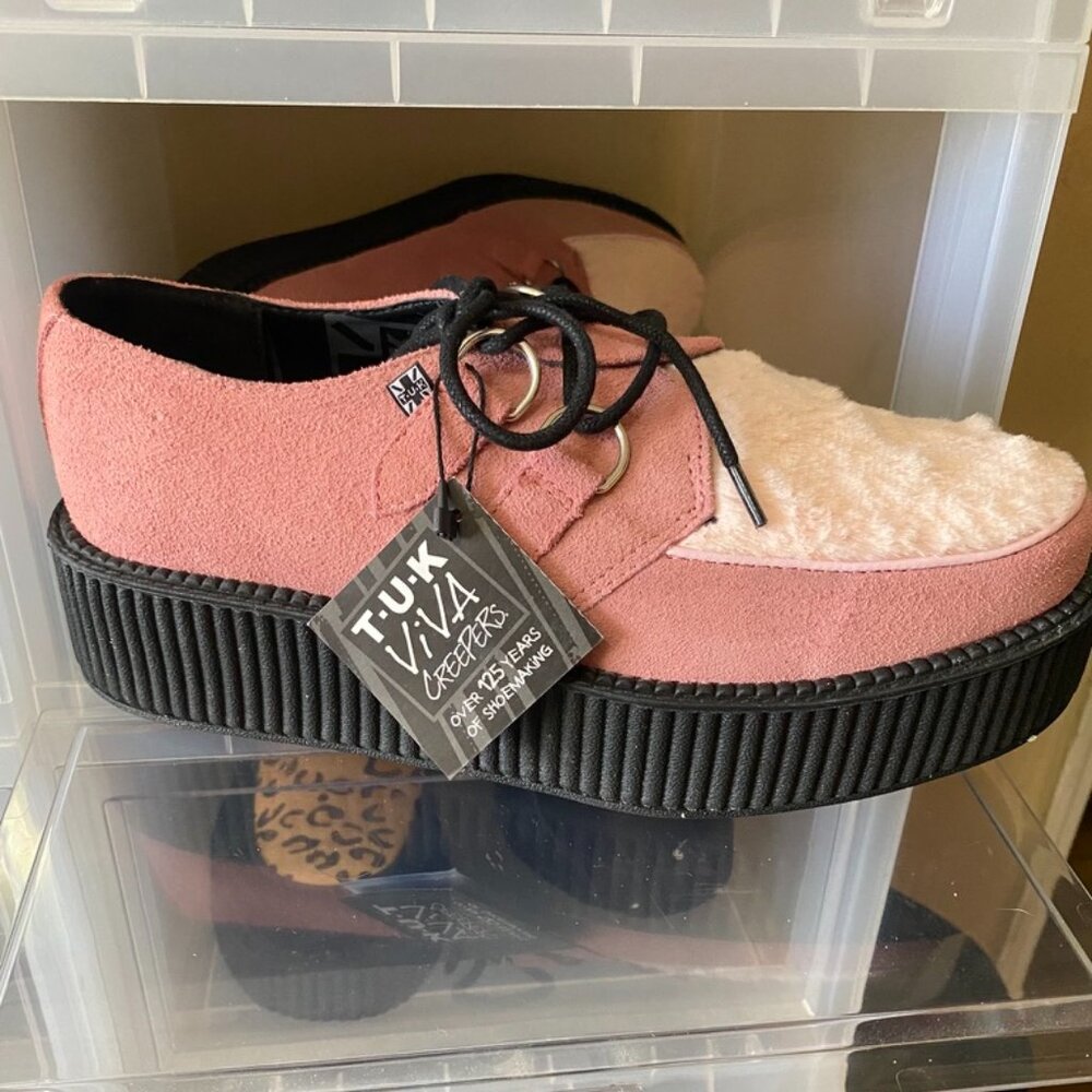 T.U.K. VIVA Creepers – Pink Suede with Fur Top